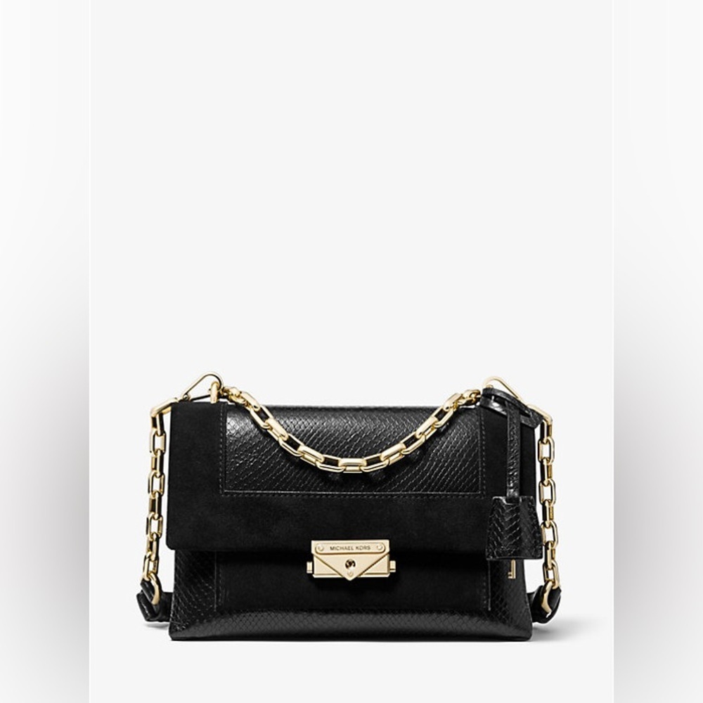 Michael Kors Cece Python-Embossed Leather Shoulder Bag Black Gold Hardware